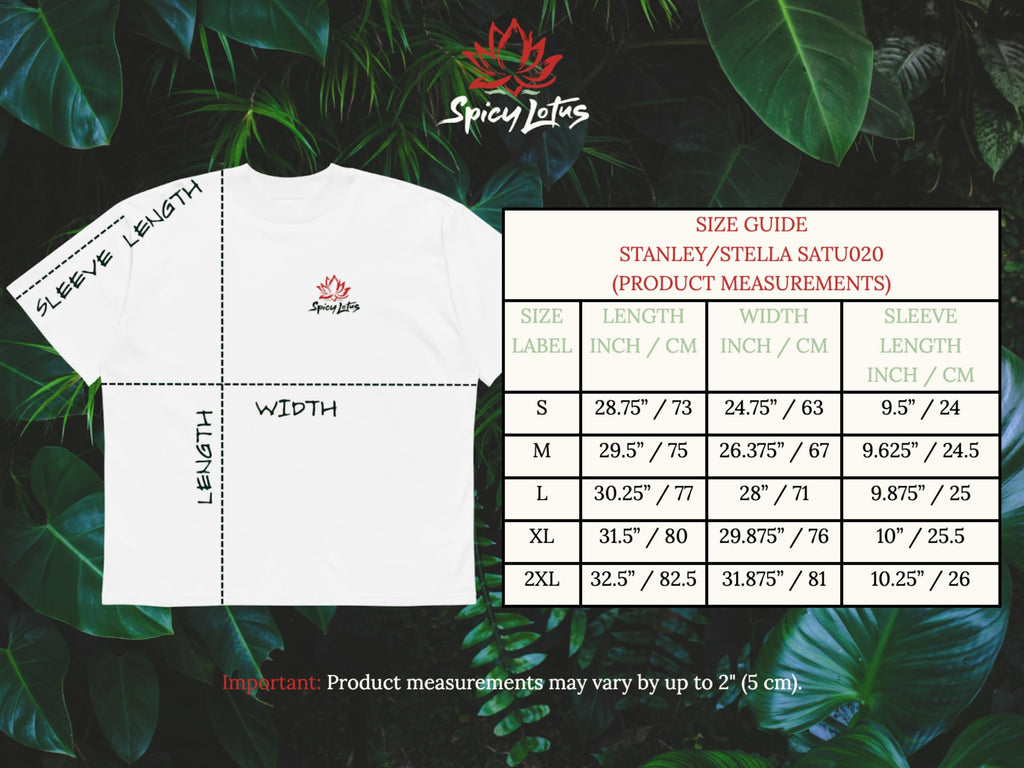 White t-shirt with size chart on a green leafy background, featuring Spicy Lotus branding for  Stanley Stella SATU020 oversized organic T-Shirt