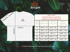 White t-shirt with size chart on a green leafy background, featuring Spicy Lotus branding for  Stanley Stella SATU020 oversized organic T-Shirt