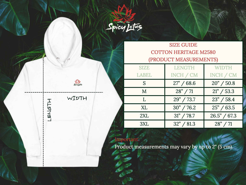 Cotton Heritage M2580 Unisex hoodie size chart on a leafy background, featuring Spicy Lotus branding.