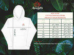 Cotton Heritage M2580 Unisex hoodie size chart on a leafy background, featuring Spicy Lotus branding.