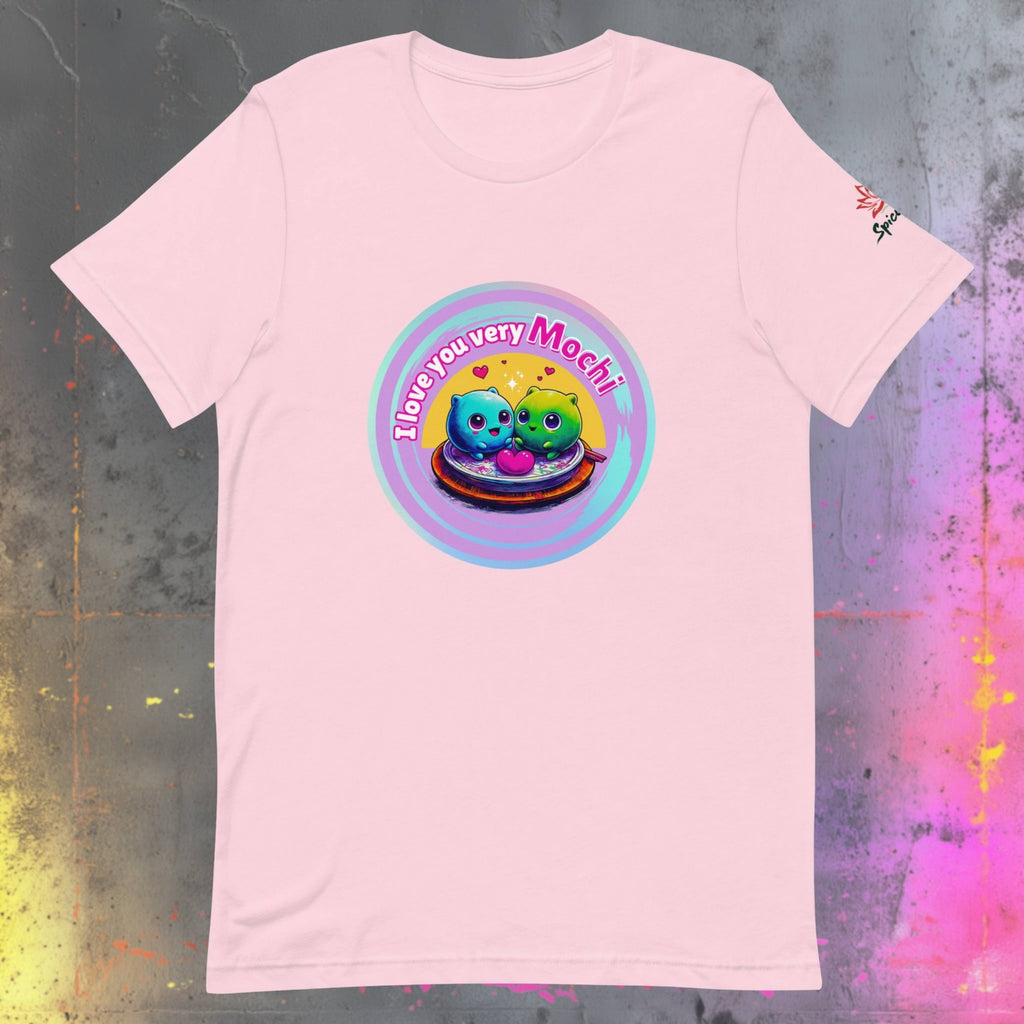 Front view of I Love You Very Mochi graphic flatlay on soft pink t-shirt