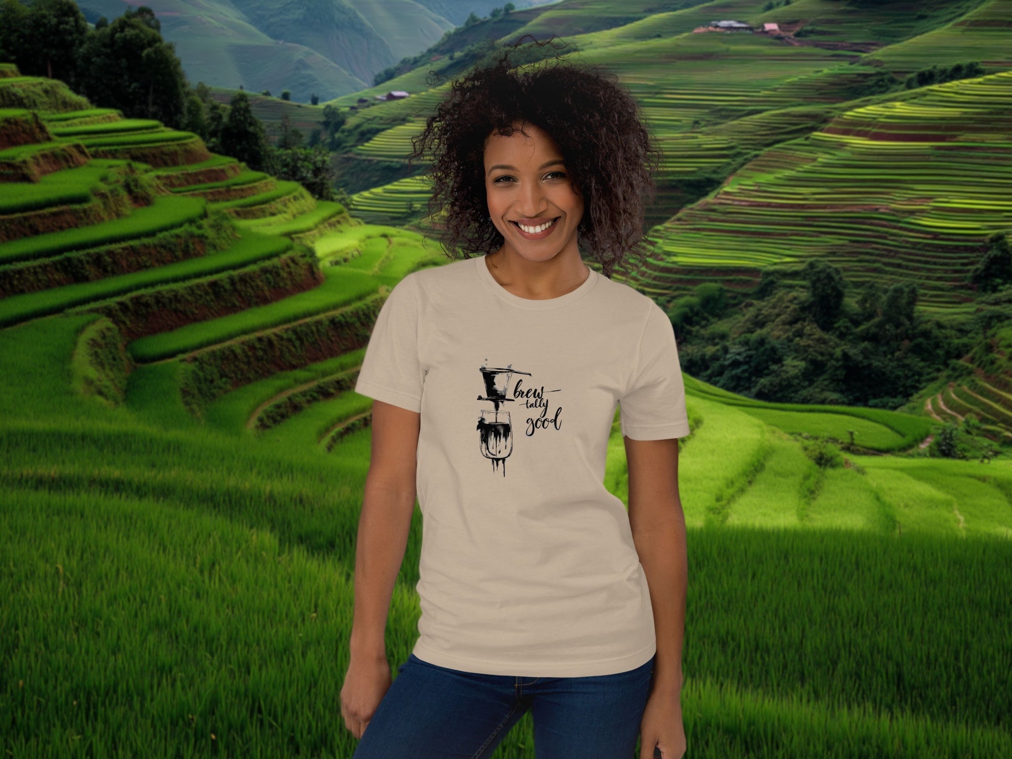 Model wearing Brewtally Good t-shirt in calm rice field lifestyle scene