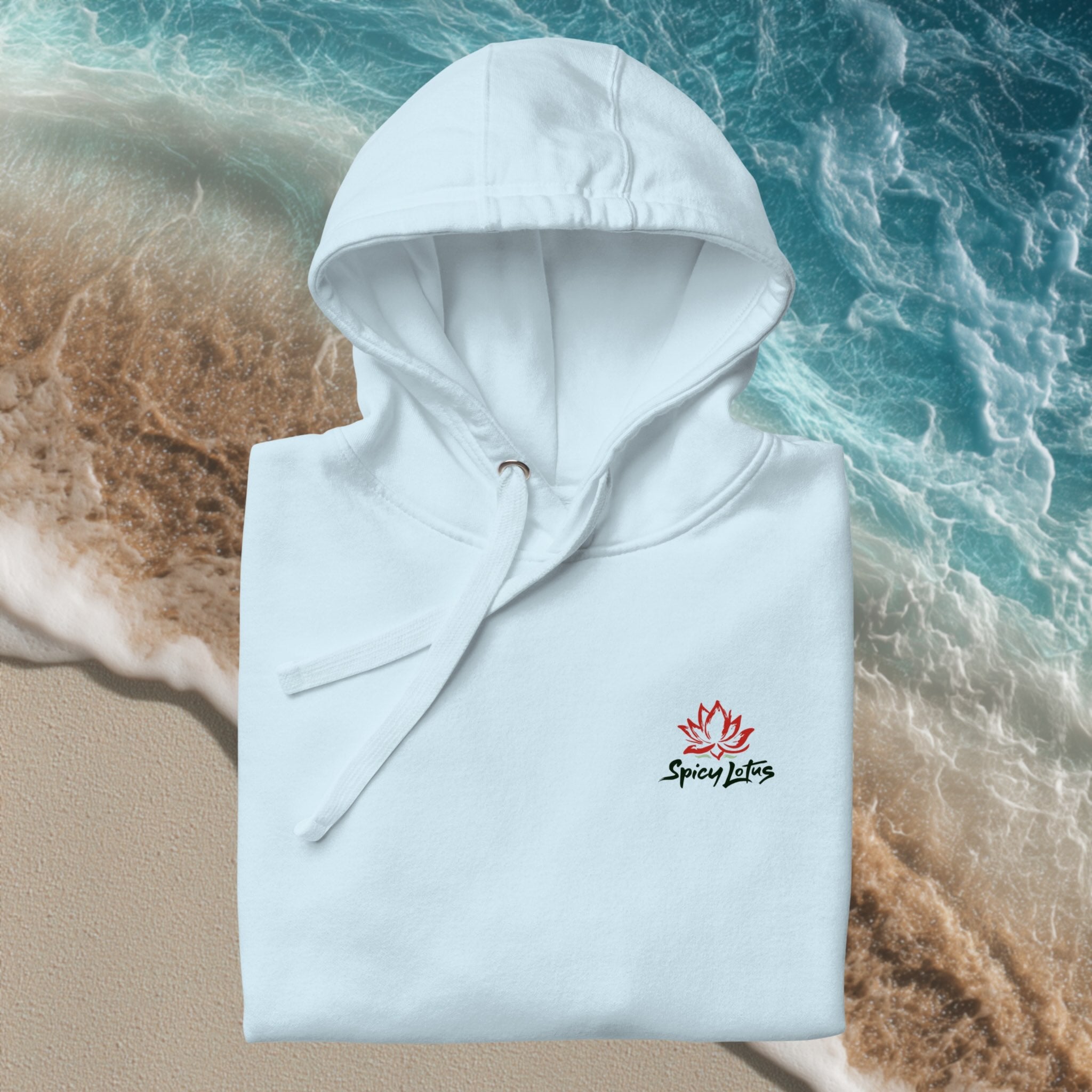 Folded Spicy Lotus Sunrise Wave hoodie showing full chest logo design