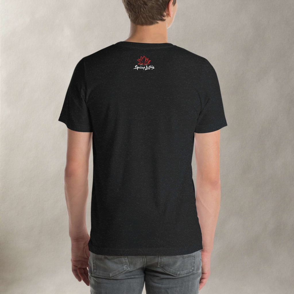 Person wearing a black t-shirt with a Spicy Lotus logo on the back against a plain background
