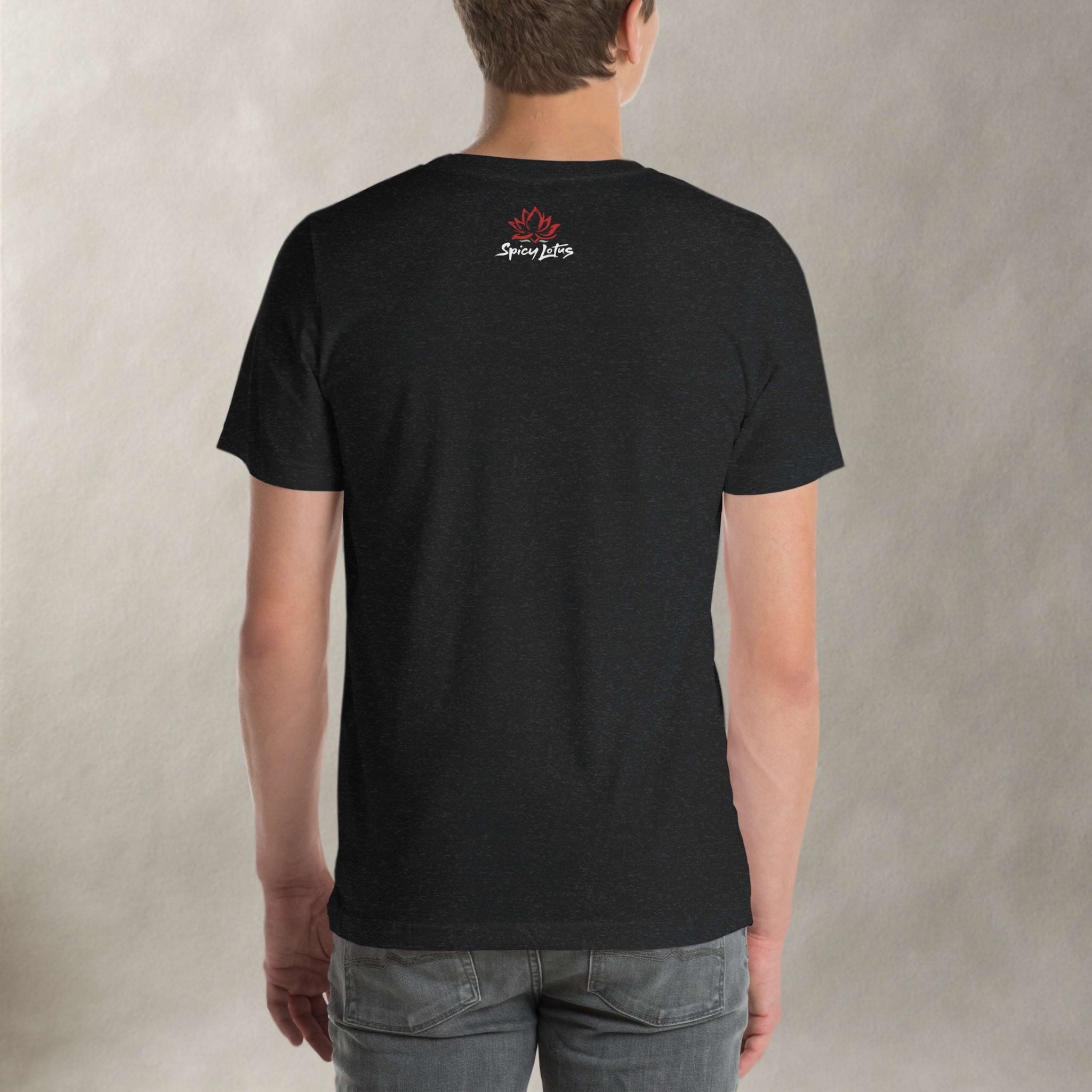 Person wearing a black t-shirt with a Spicy Lotus logo on the back against a plain background