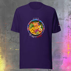 Purple t-shirt with a colorful graphic of a bowl of laksa soup and text on a textured gray background.