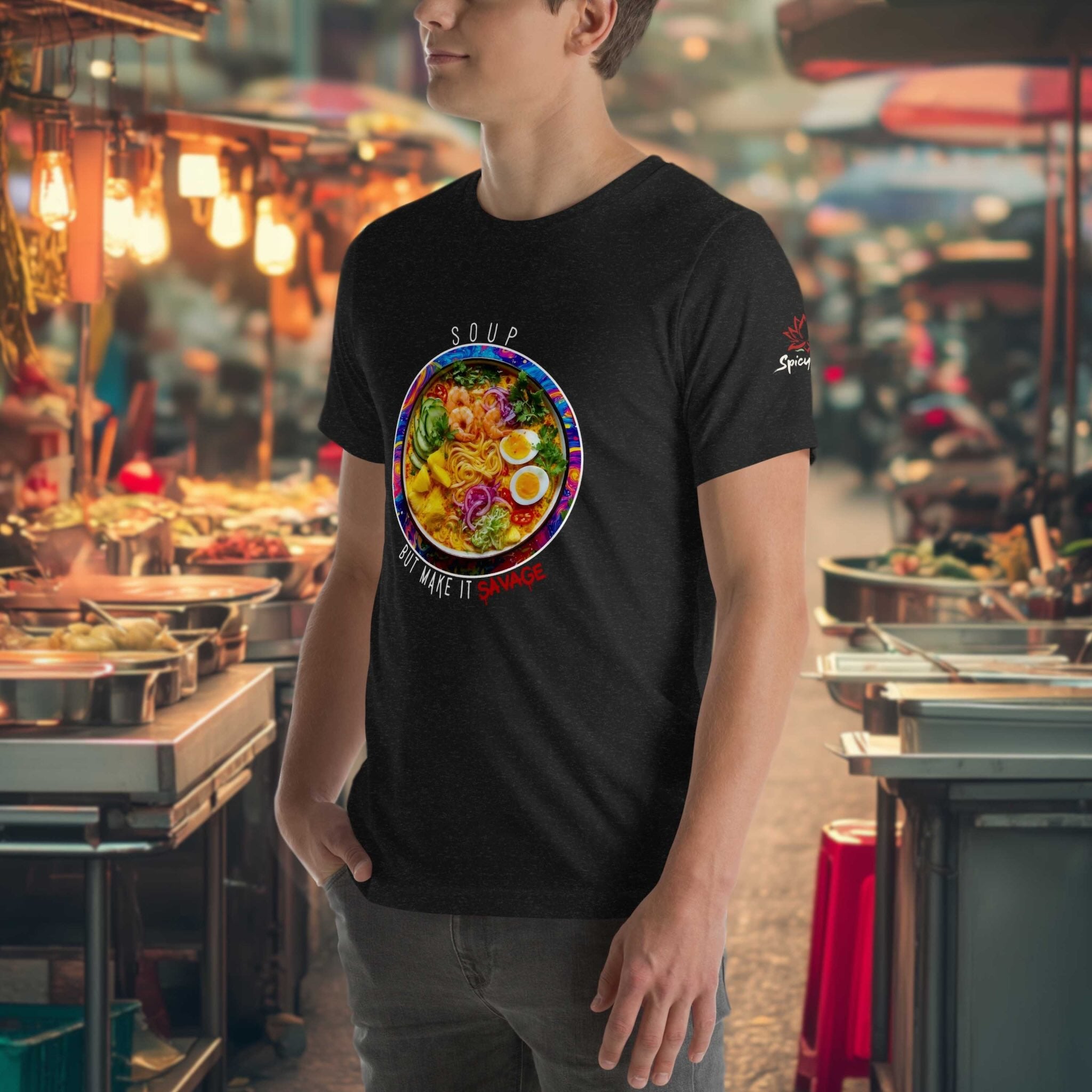 Model wearing Soup But Make It Savage tee in urban night market setting