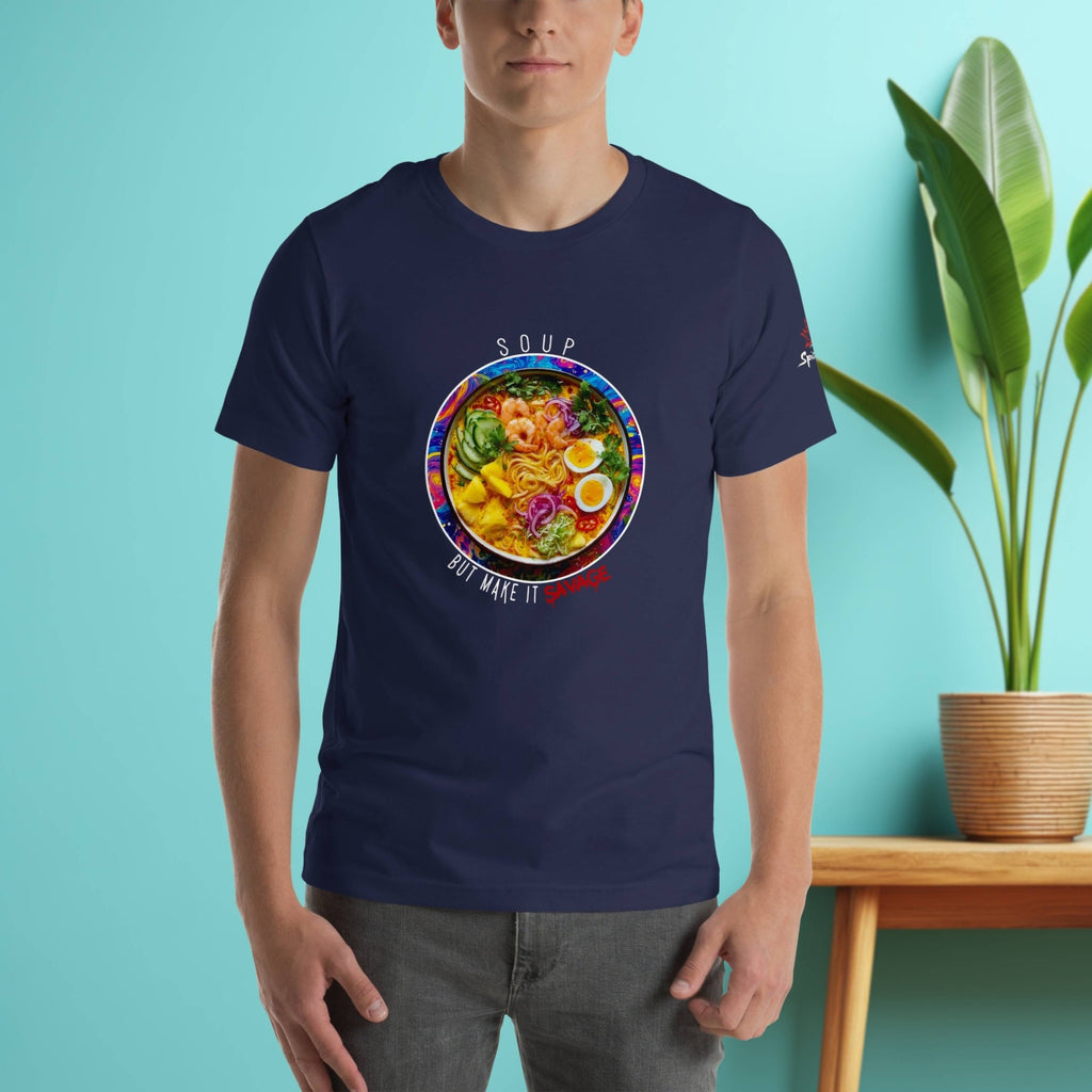Person wearing a navy blue t-shirt with a colorful laksa soup graphic and text against a light blue background.