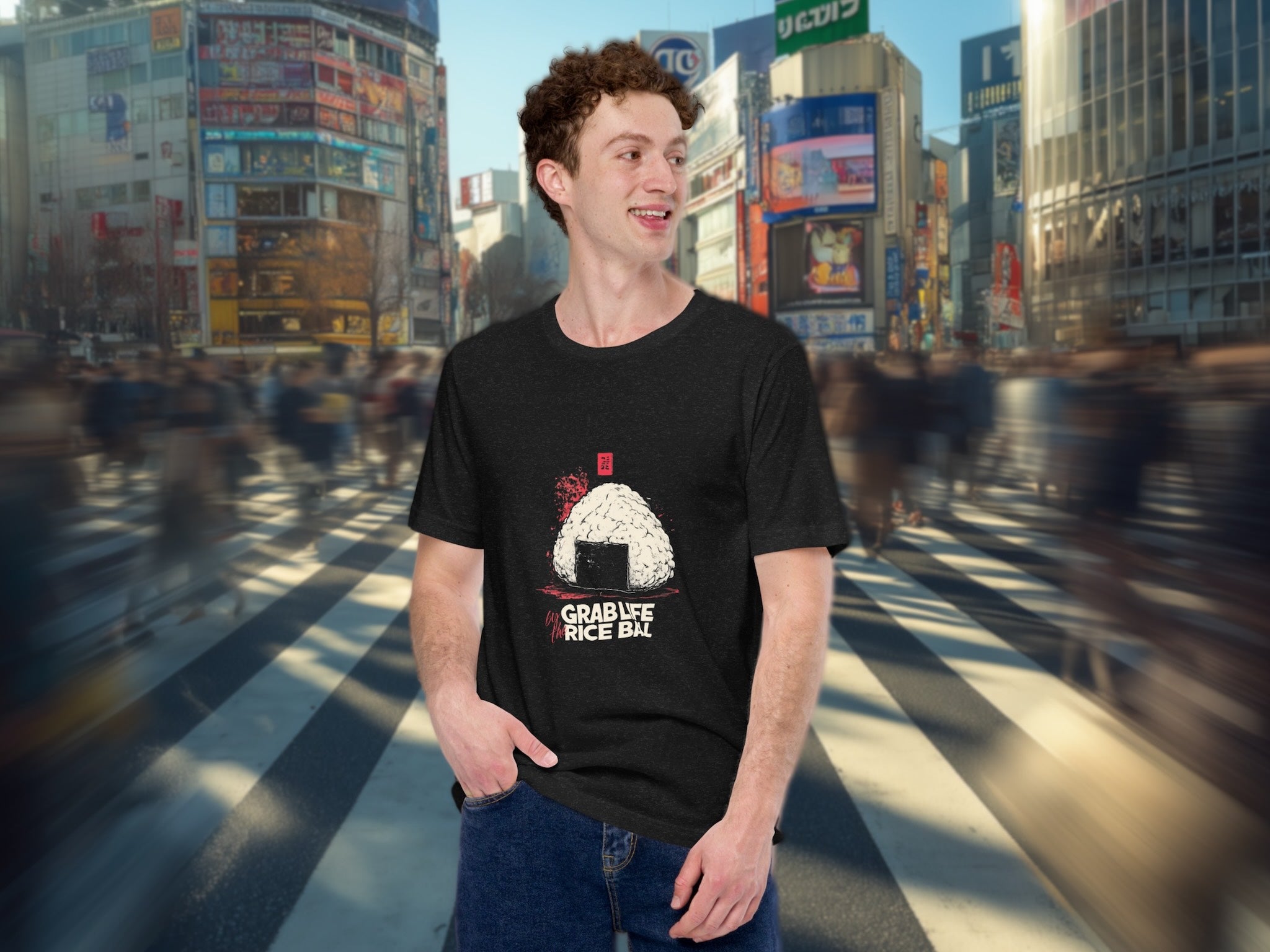 Model wearing Grab Life by the Rice Ball t-shirt in urban street setting