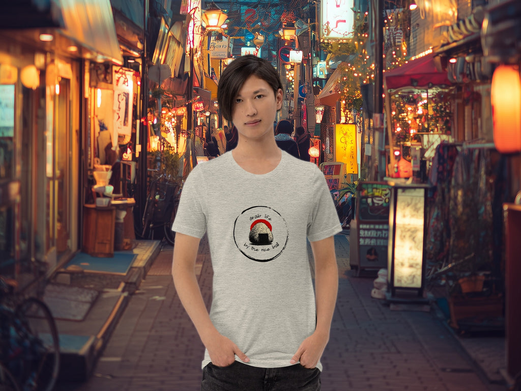 Model wearing Grab Life by the Rice Ball t-shirt in modern city scene