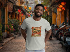 Model wearing In Crust We Trust t-shirt during casual city walk