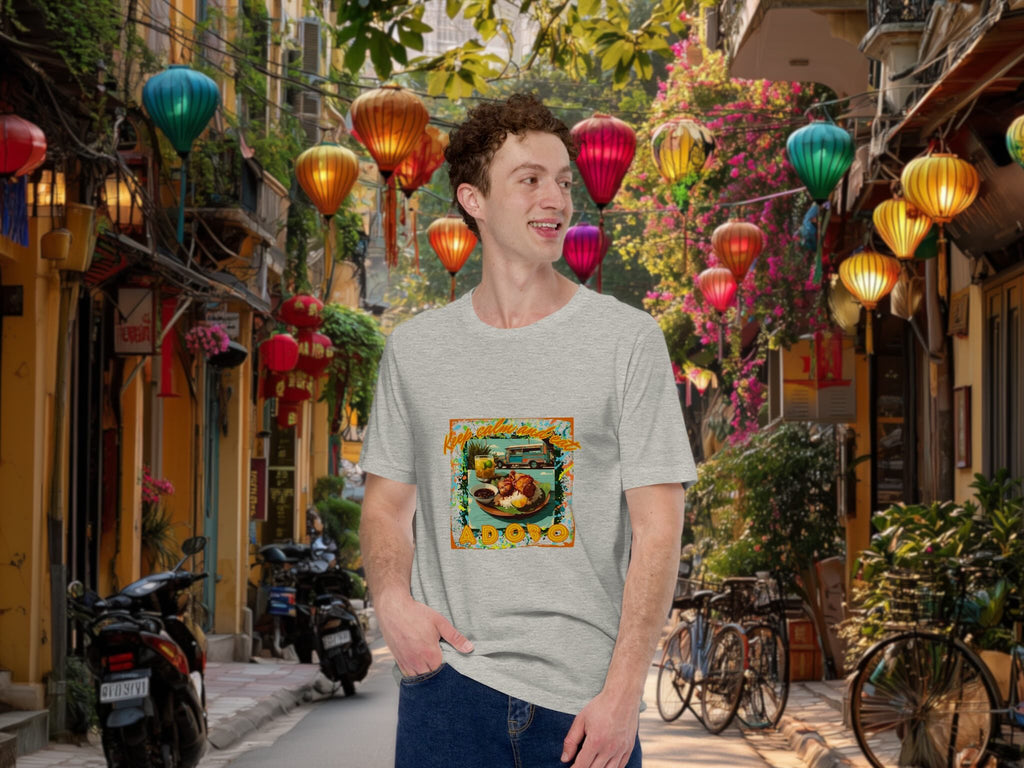 Model wearing Keep Calm and Eat Adobo t-shirt in casual urban street setting
