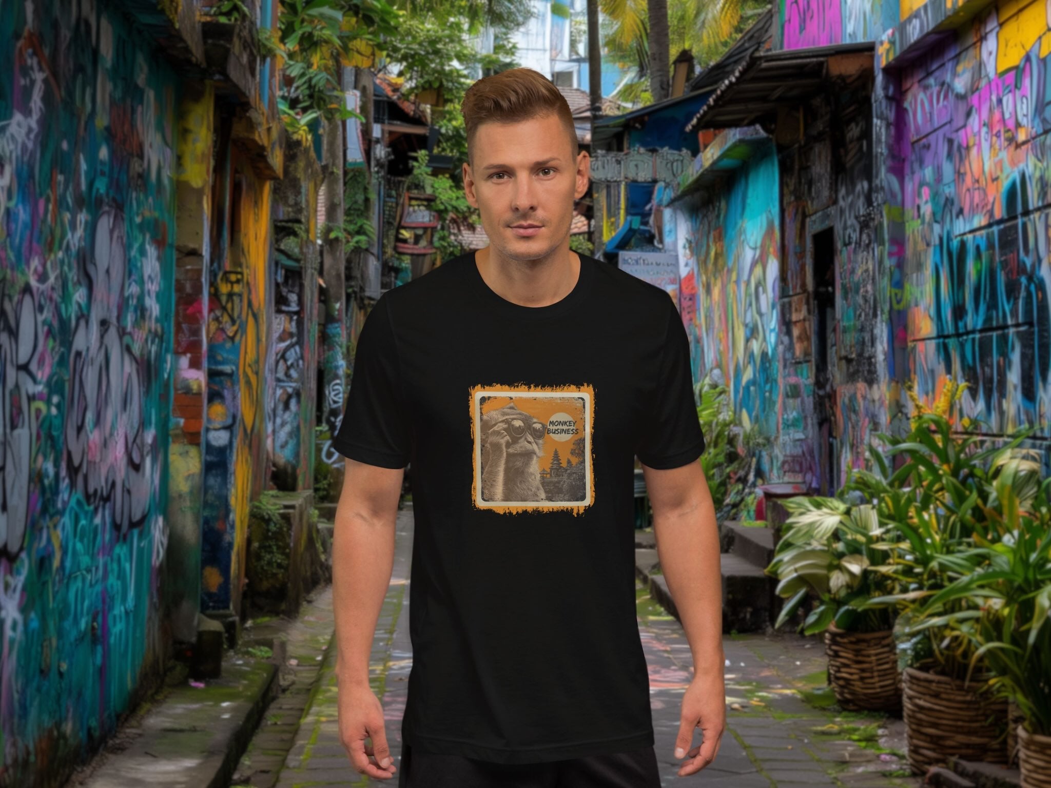 Man wearing a black t-shirt with a graphic design of a balinese monkey 'monkey business' in a colorful alleyway.