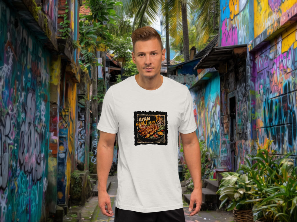Model wearing Ayam What I Eat t-shirt in vibrant city street scene
