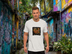 Model wearing Ayam What I Eat t-shirt in vibrant city street scene