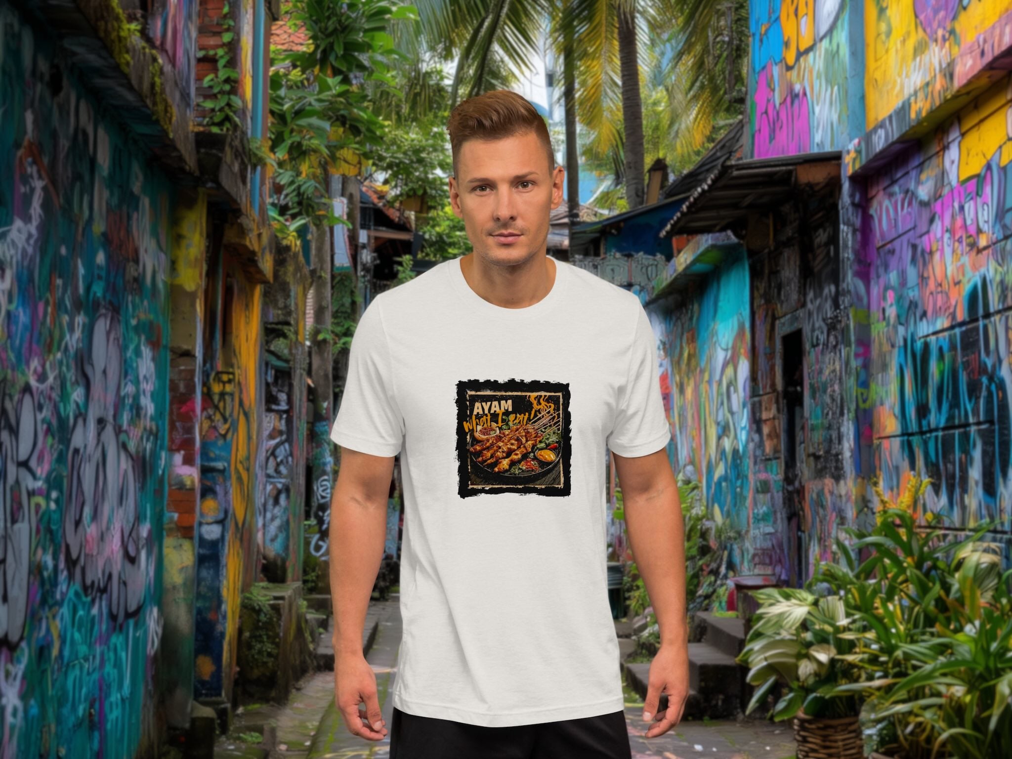 Model wearing Ayam What I Eat t-shirt in vibrant city street scene