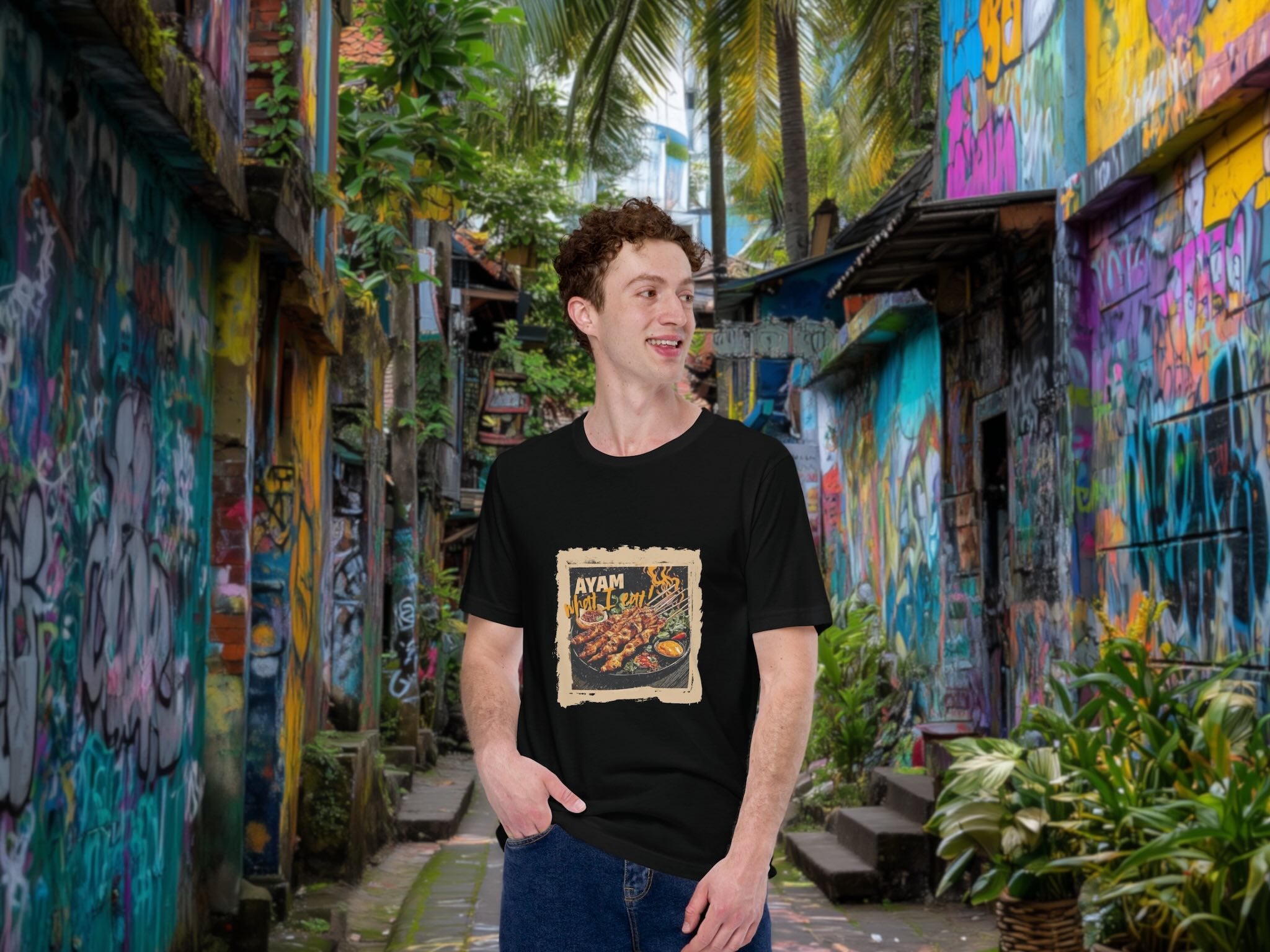 Model wearing Ayam What I Eat t-shirt in vibrant city street scene
