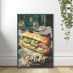 Bánh Mì sandwich wall art with warm tones standing against wall