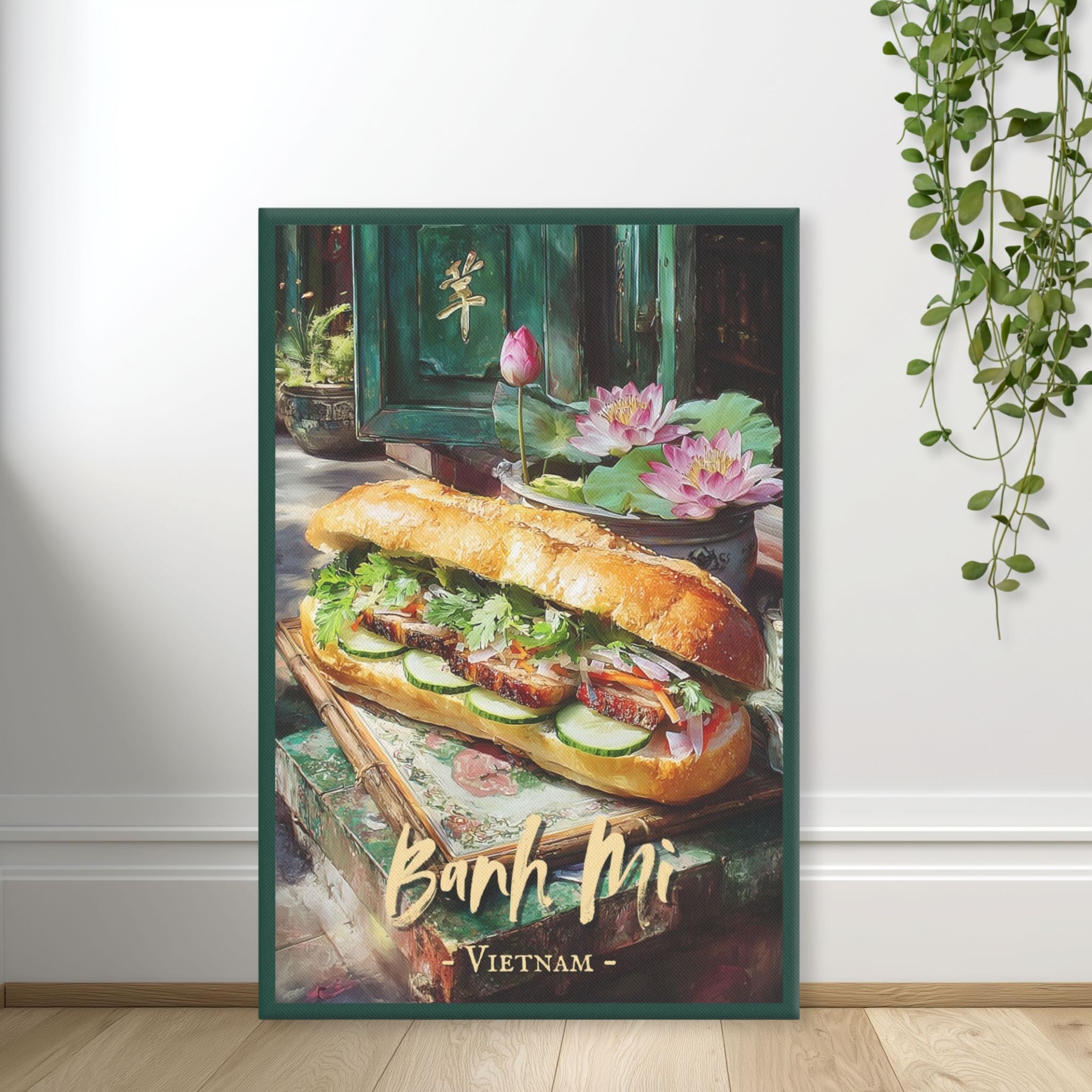 Bánh Mì sandwich wall art with warm tones standing against wall