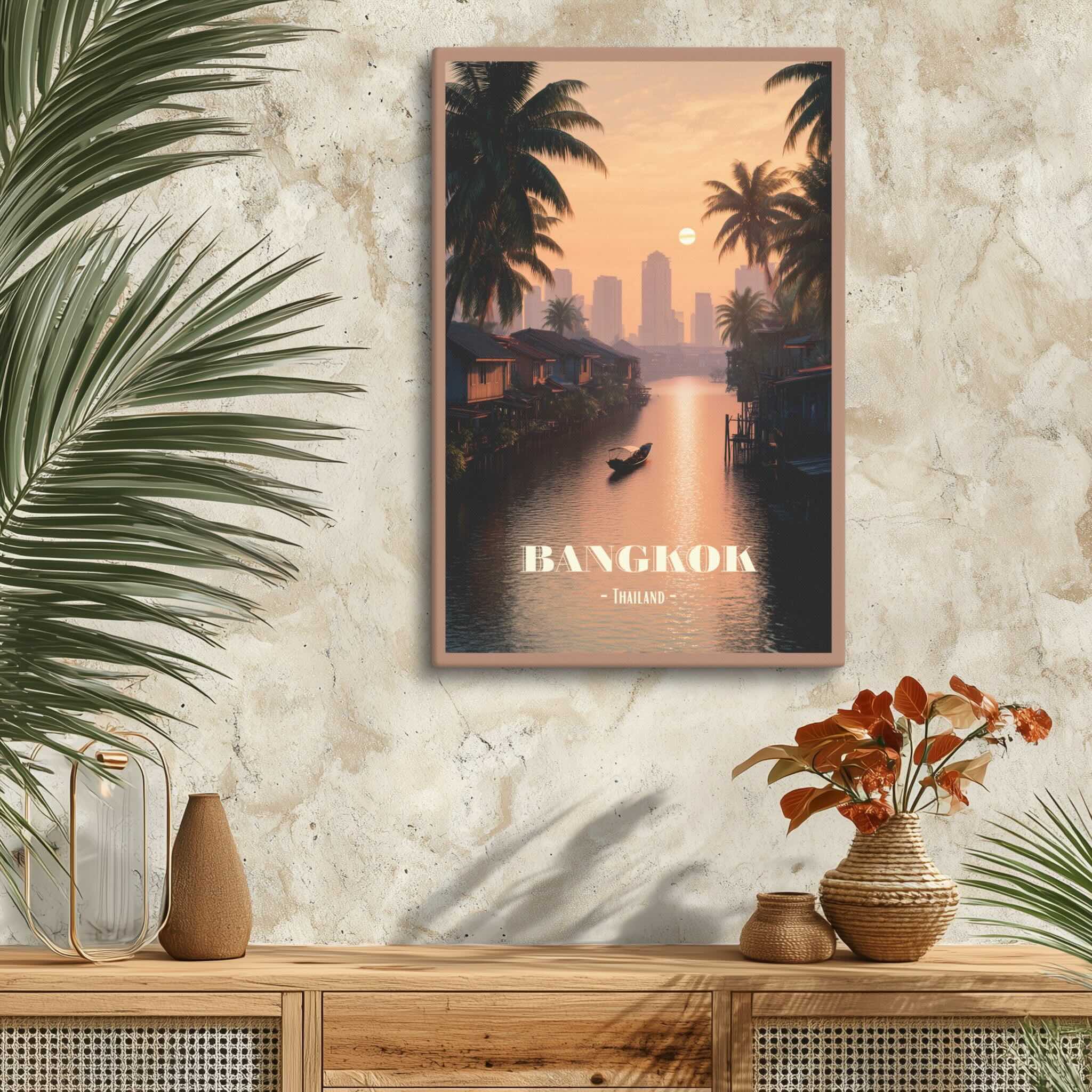Atmospheric Bangkok wall art on living room wall