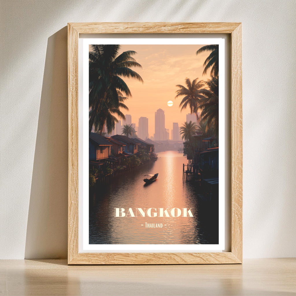 Bangkok Khlong Glow Asian travel poster standing in wooden frame