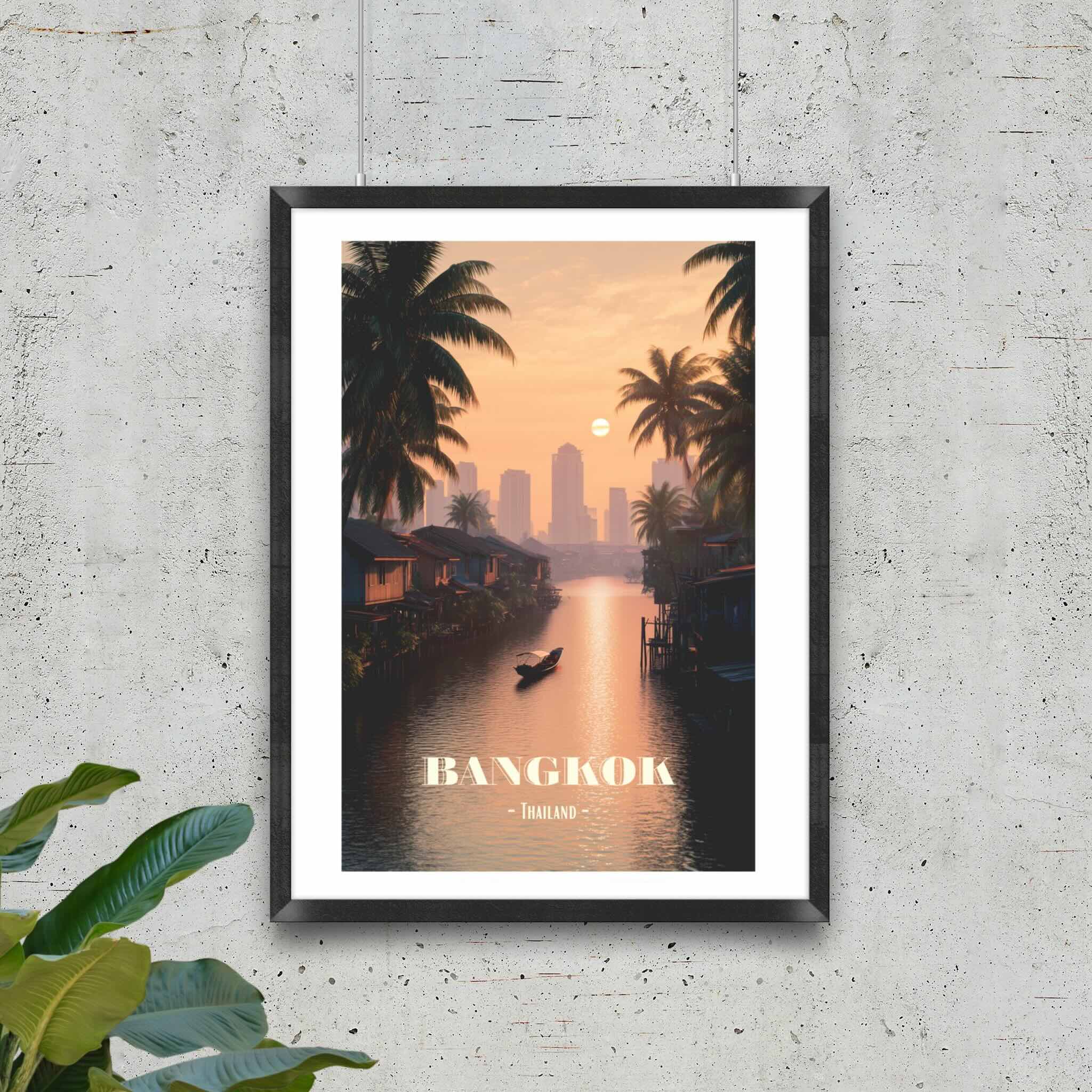 Framed artwork of a Bangkok skyline with palm trees and a boat on a river.