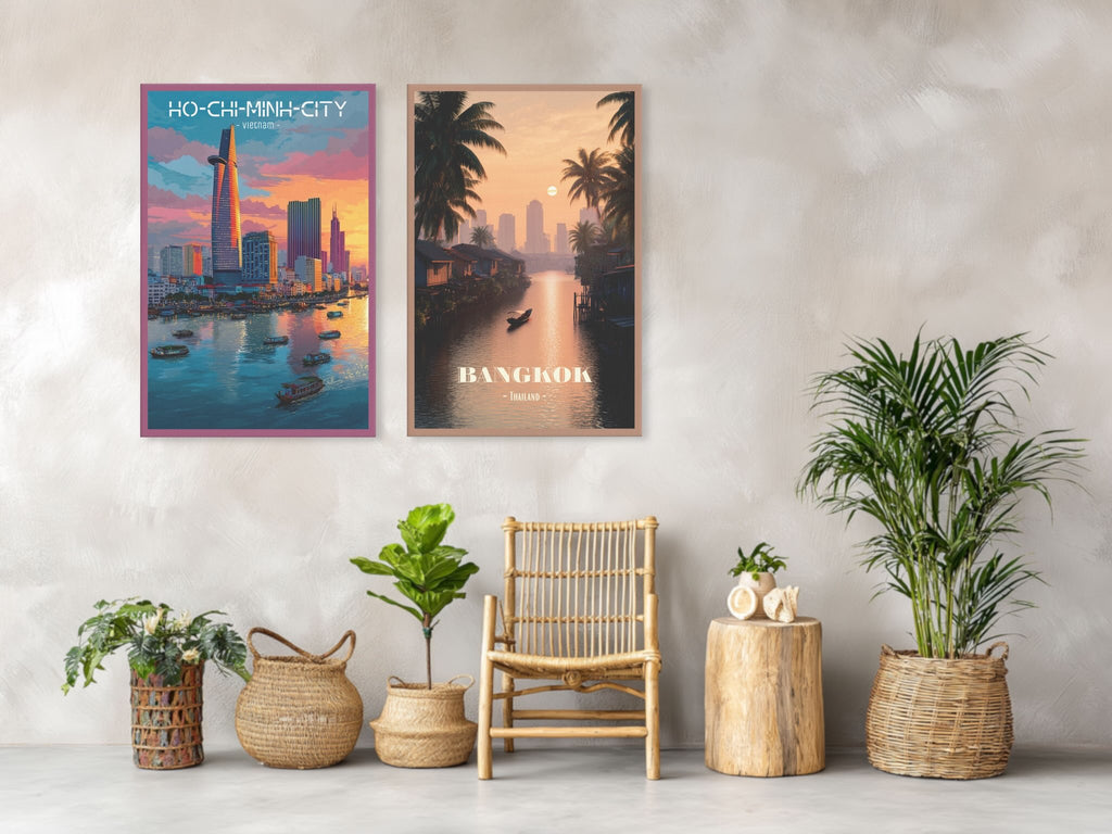 Two travel canvas from Vietnam and Thailand on bright wall