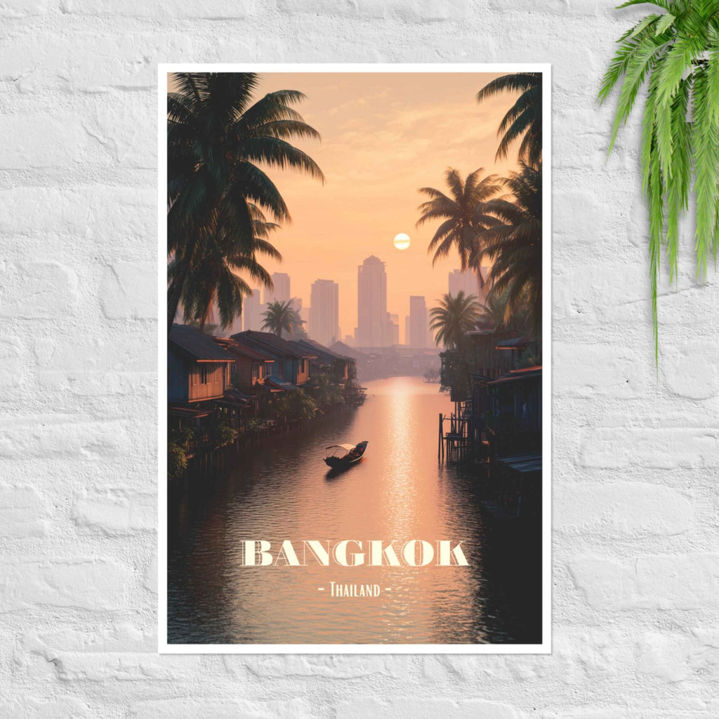 Bangkok canal poster with golden-hour glow and stilt houses