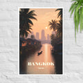 Bangkok canal poster with golden-hour glow and stilt houses