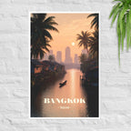 Bangkok canal poster with golden-hour glow and stilt houses