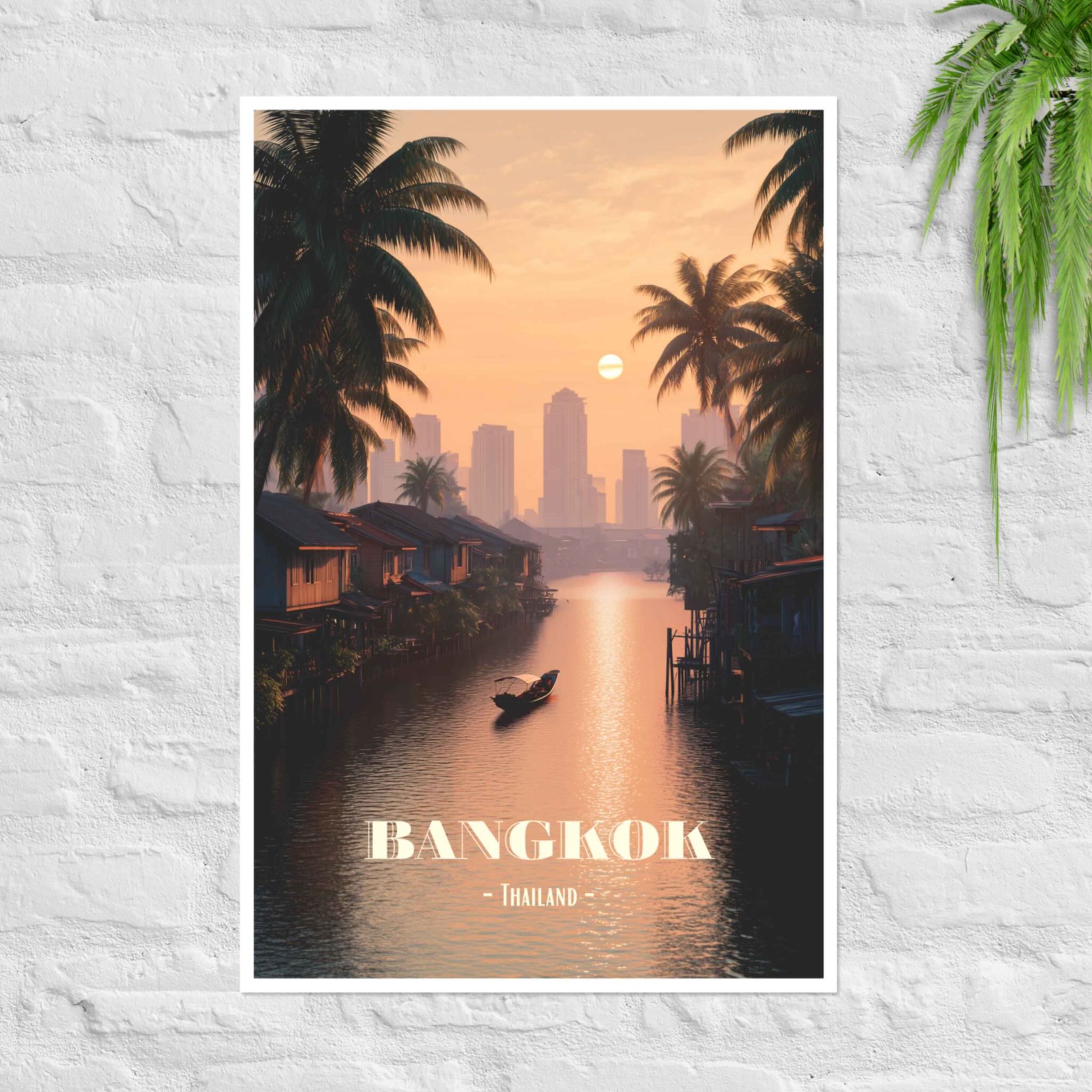 Bangkok canal poster with golden-hour glow and stilt houses