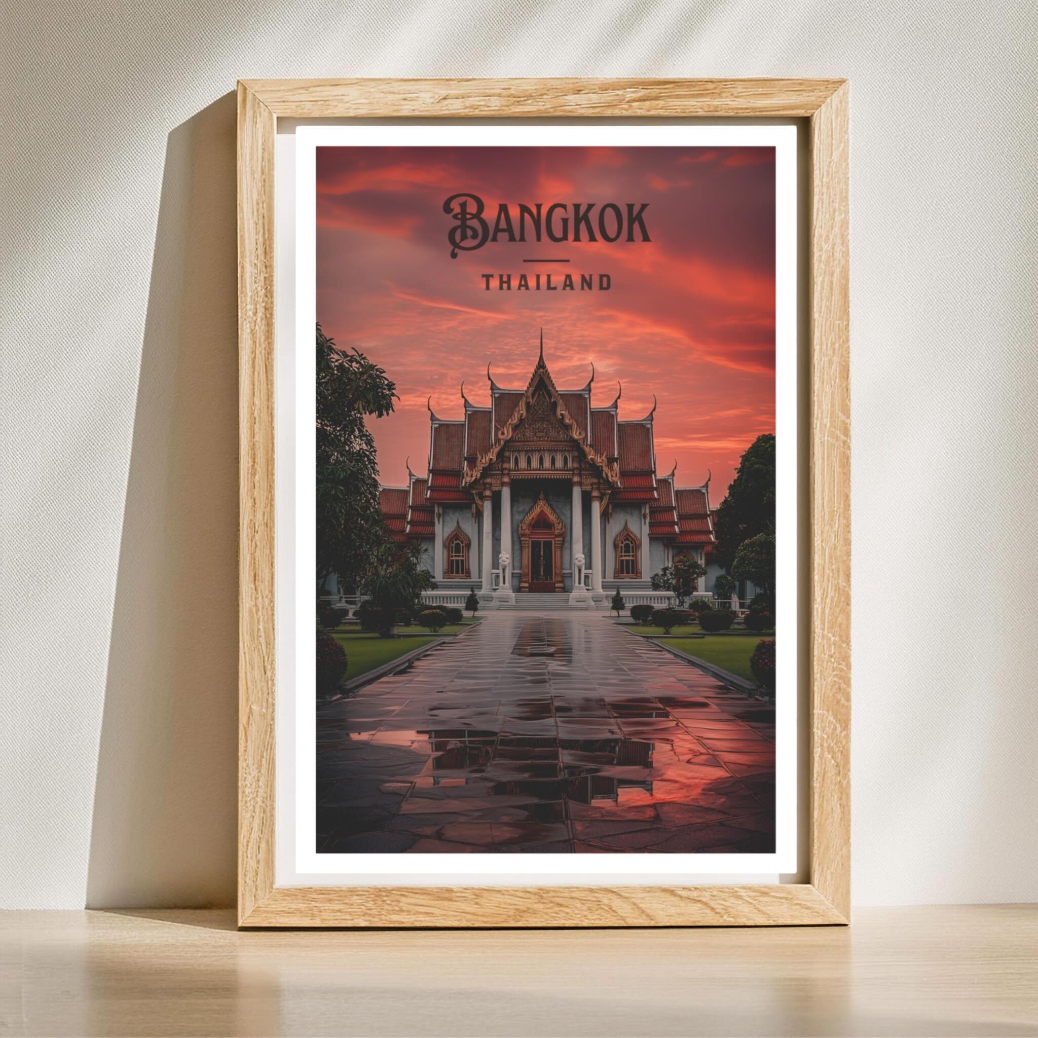 Reflective stone pathway and glowing temple architecture of Wat Benchamabophit in wooden frame