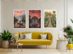 Three travel posters from Myanmar and Thailand hanging in colorful living room