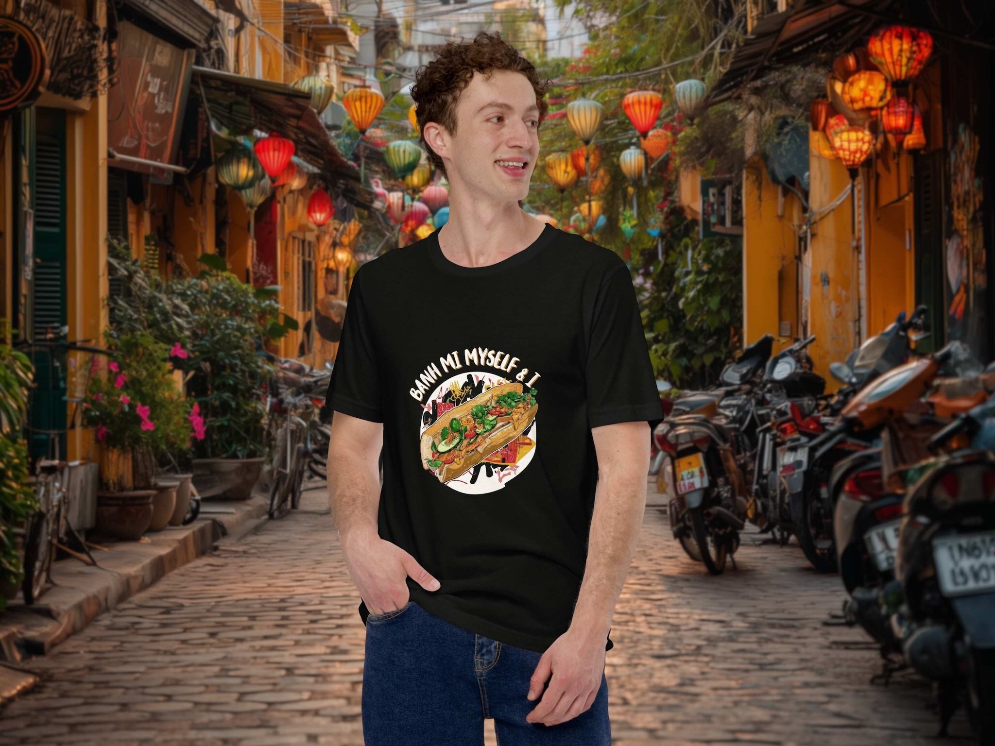 Model wearing Banh Mi Myself & I t-shirt in urban street food setting