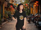 Model wearing Banh Mi Myself & I t-shirt in urban street food setting
