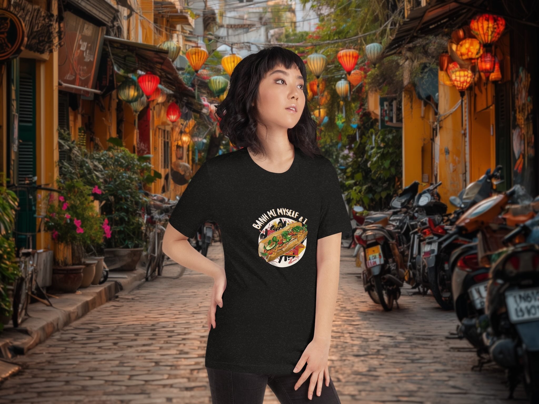 Model wearing Banh Mi Myself & I t-shirt in urban street food setting