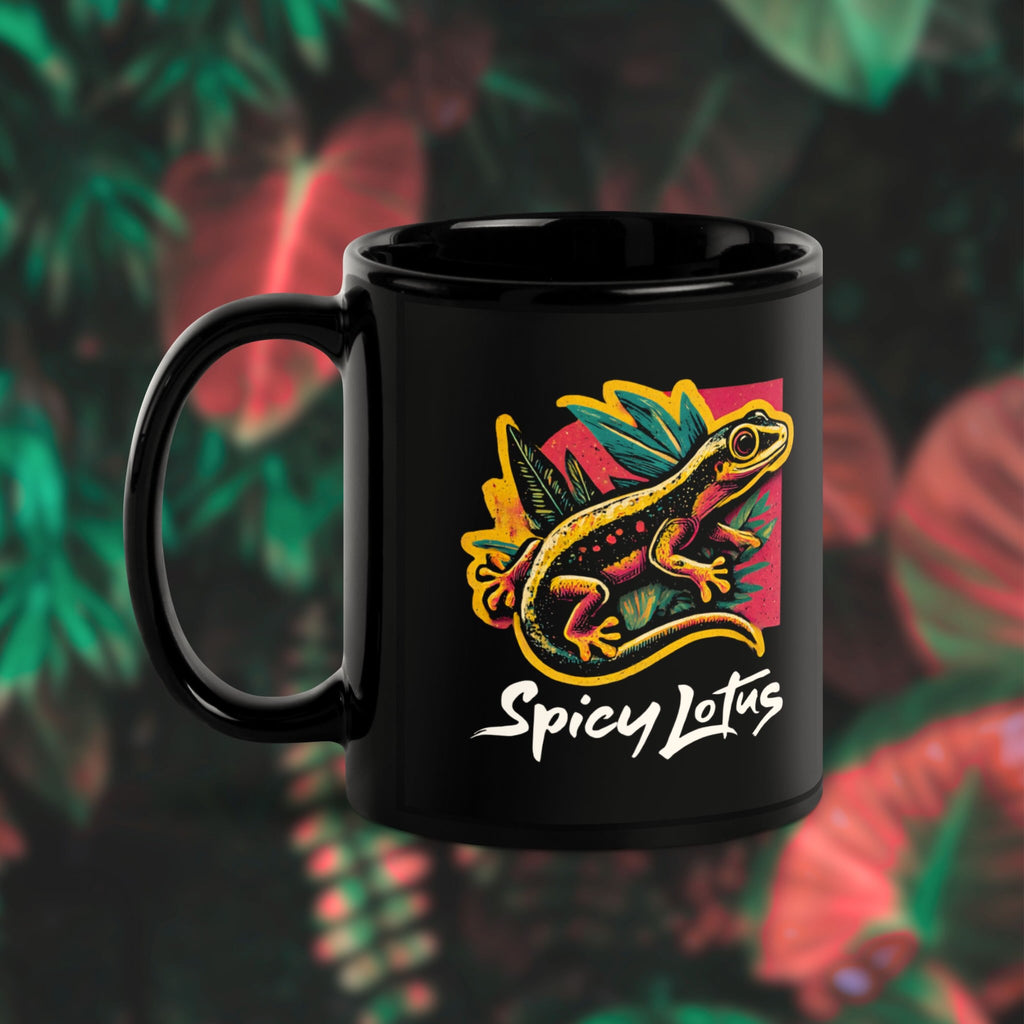 Black mug with a colorful gecko design and 'Spicy Lotus' text on a leafy background