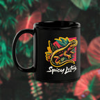 Black mug with a colorful gecko design and 'Spicy Lotus' text on a leafy background