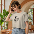 Model wearing Brewtally Good crop top during casual café stroll