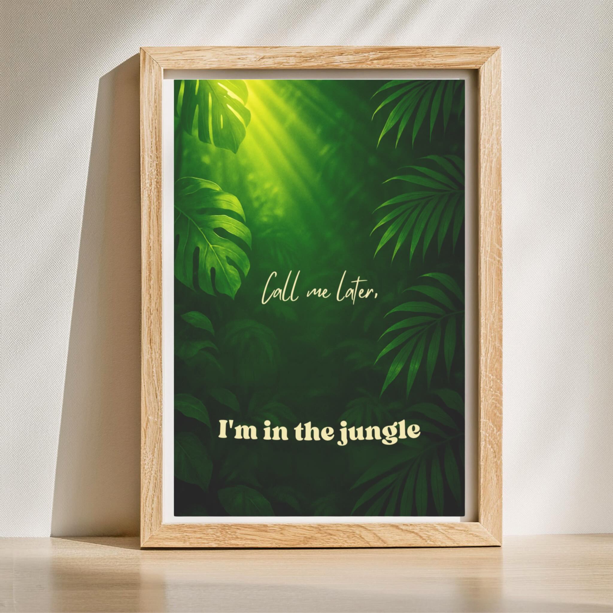 Digital jungle illustration wall art with dramatic sunlight in wooden frame