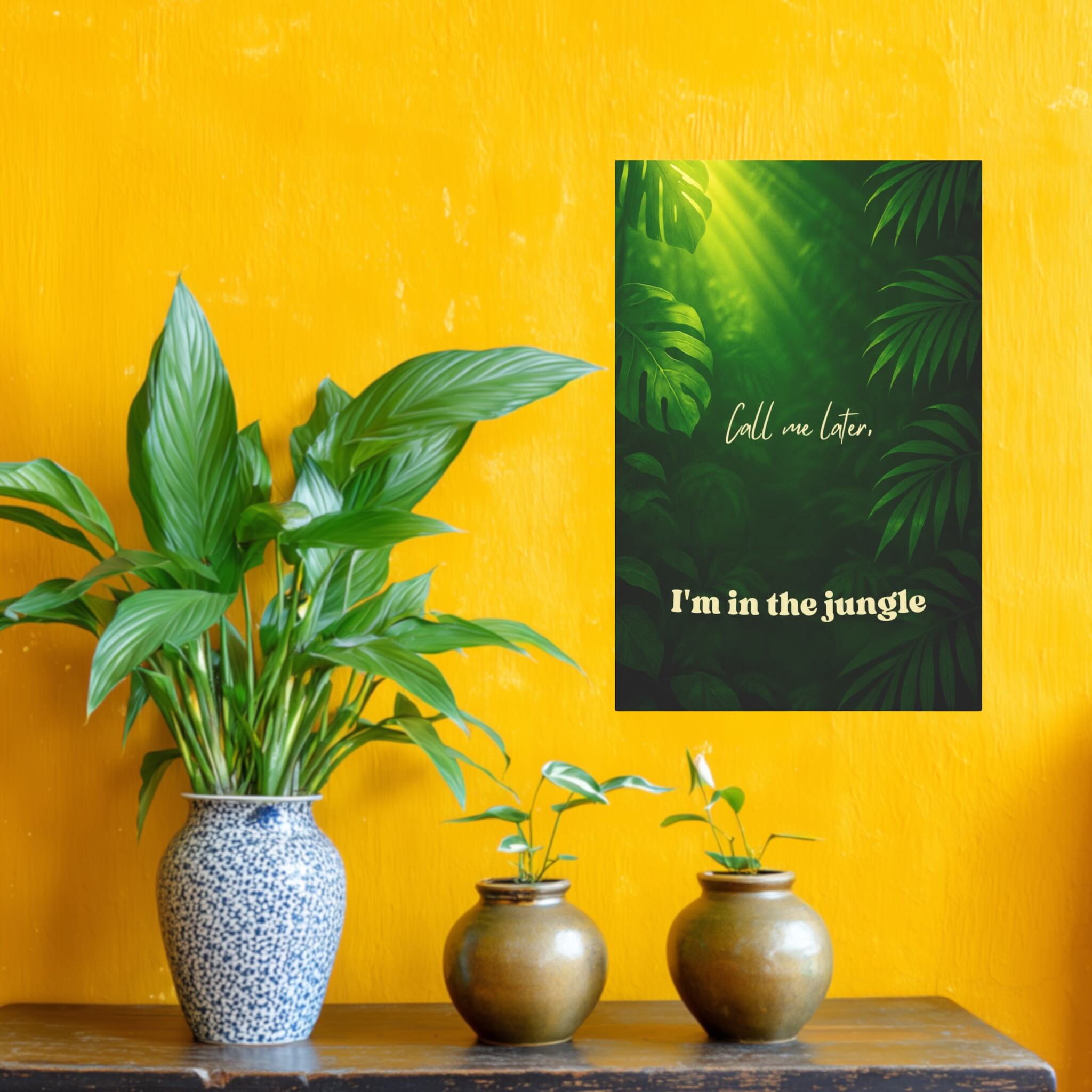 Modern green nature print with cinematic gradient and shadows on yellow wall