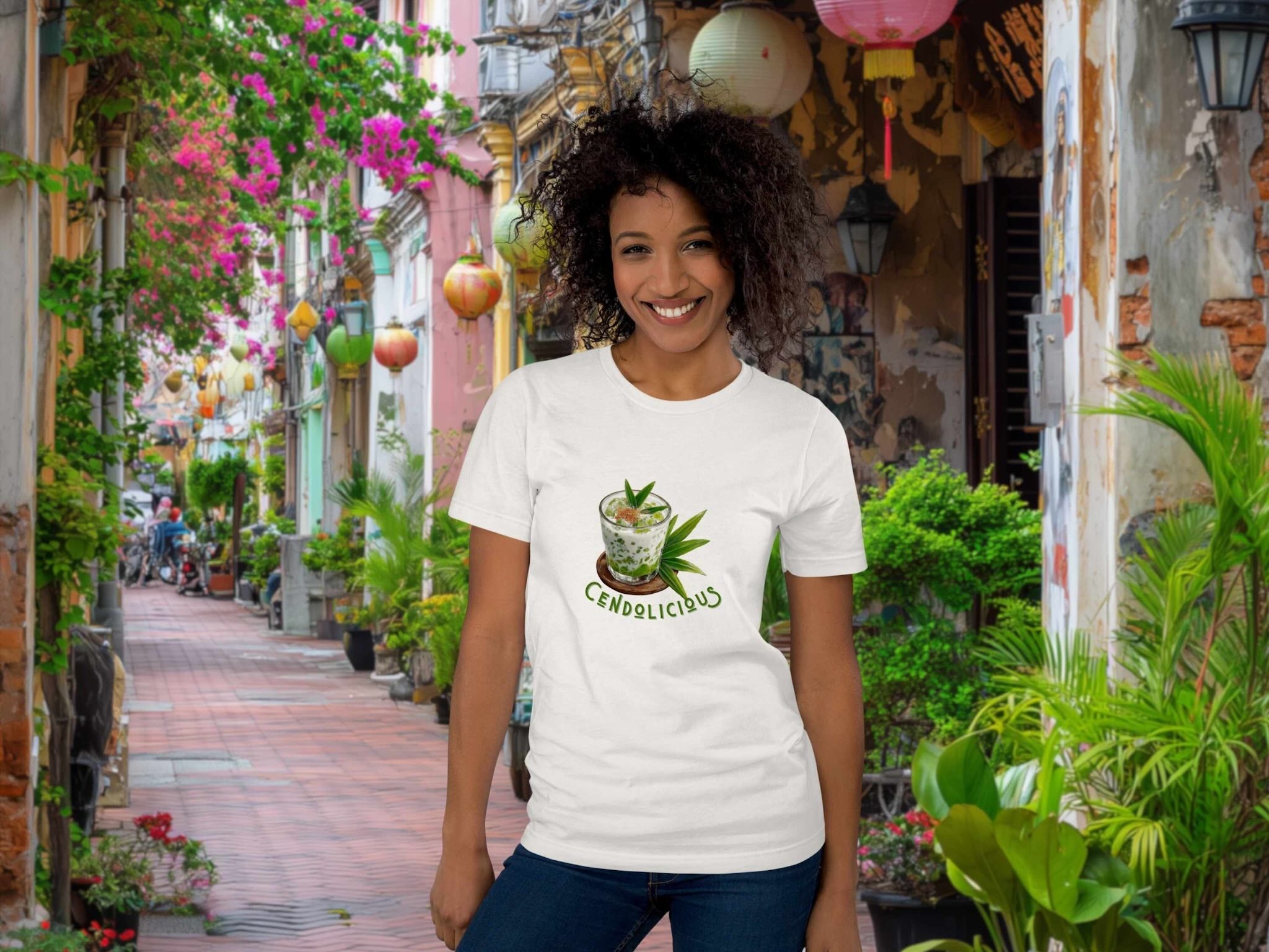 Model wearing Cendolicious t-shirt during casual city walk