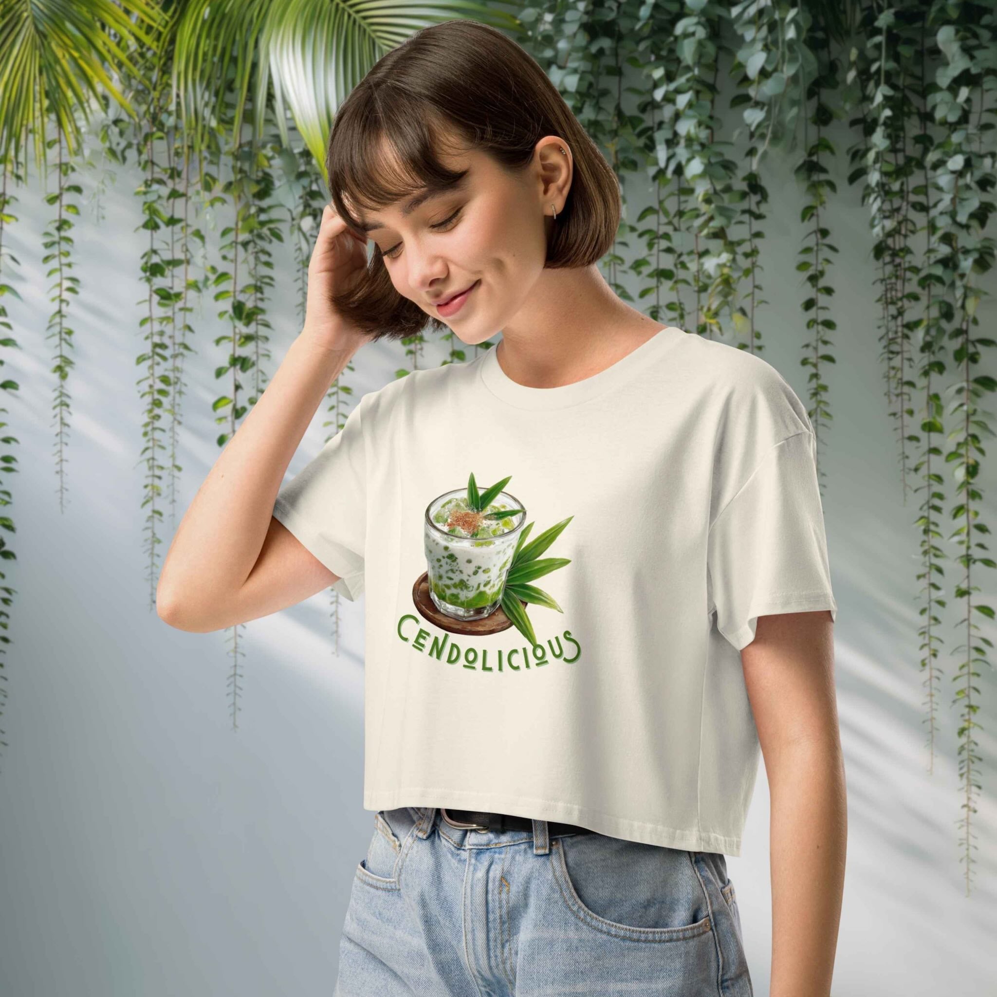 Model wearing Cendolicious crop top on street walk