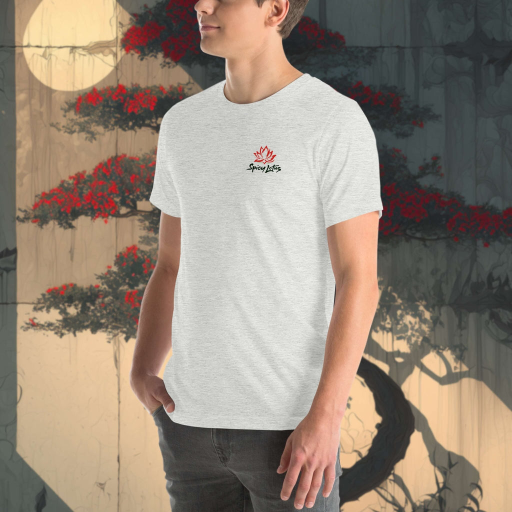 Person wearing a white t-shirt with a logo in front of a japanese stylized painted tree background