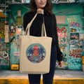 Woman holding an organic cotton eco tote bag with tropical dragon vinyl-style graphic print