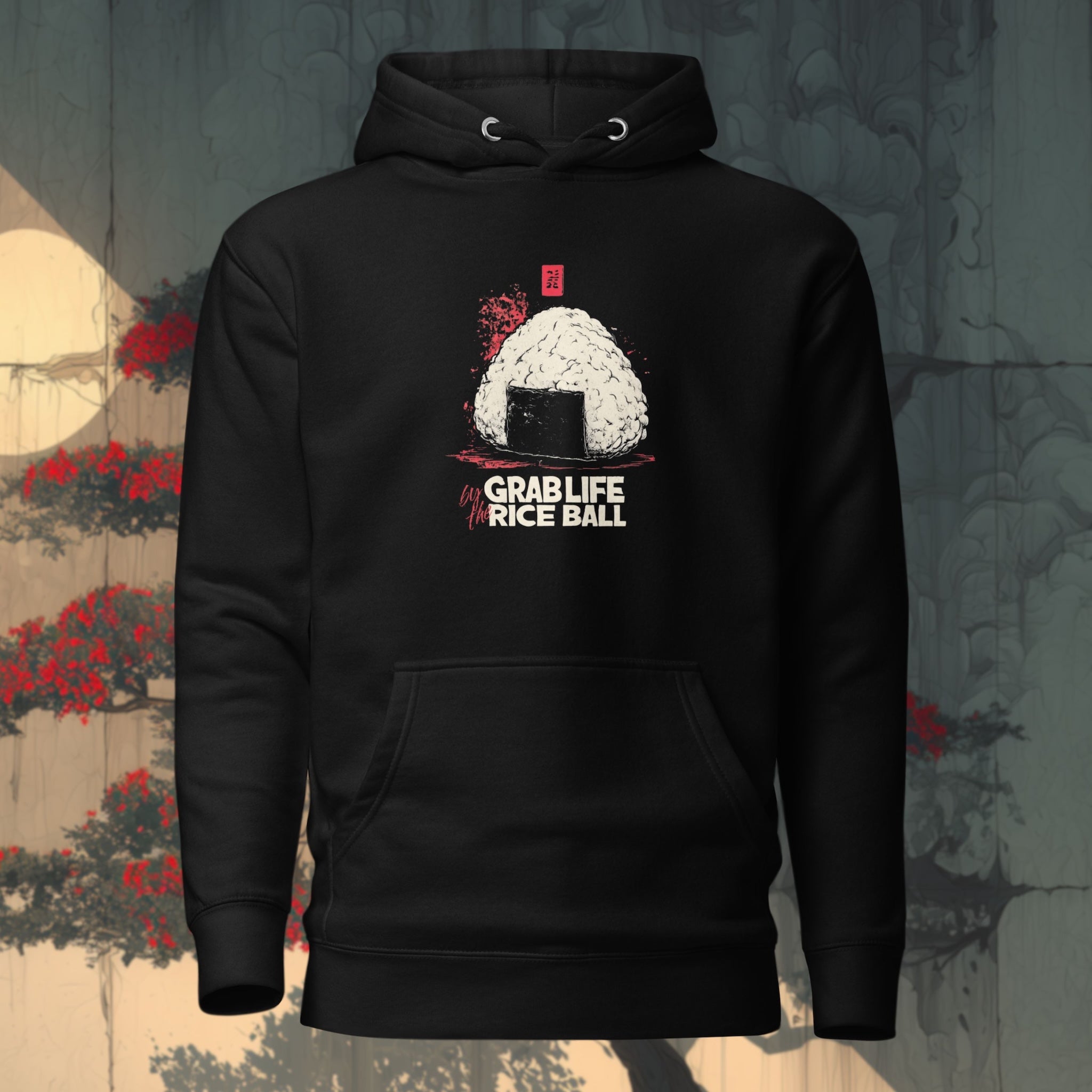 Front pouch pocket and flat drawstrings of Red Fury Ghost hoodie