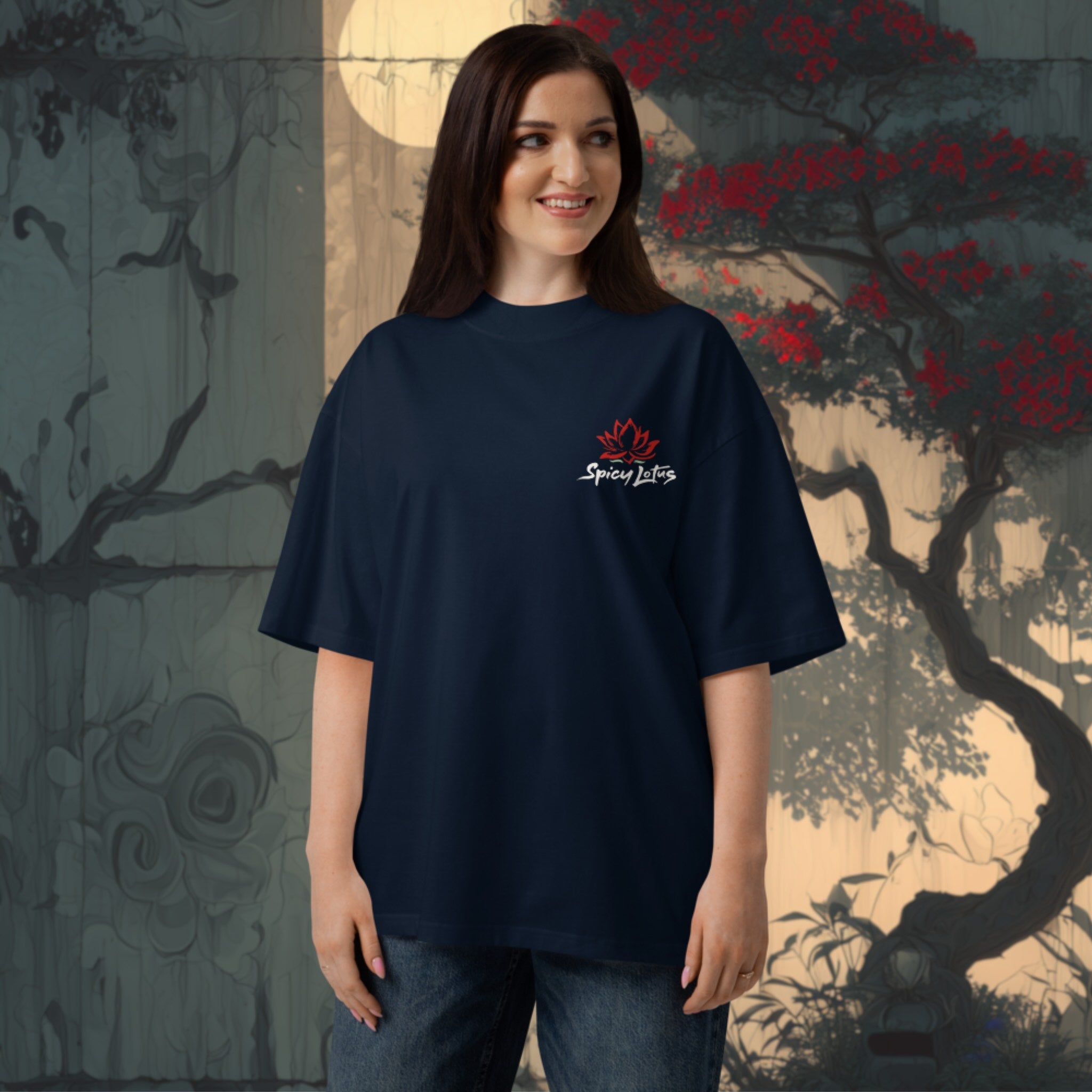 Woman wearing a navy blue t-shirt with a chest logo in front of an artistic background, japanese style