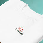 Spicy Lotus Surf Club Sunrise Wave chest logo print close up
