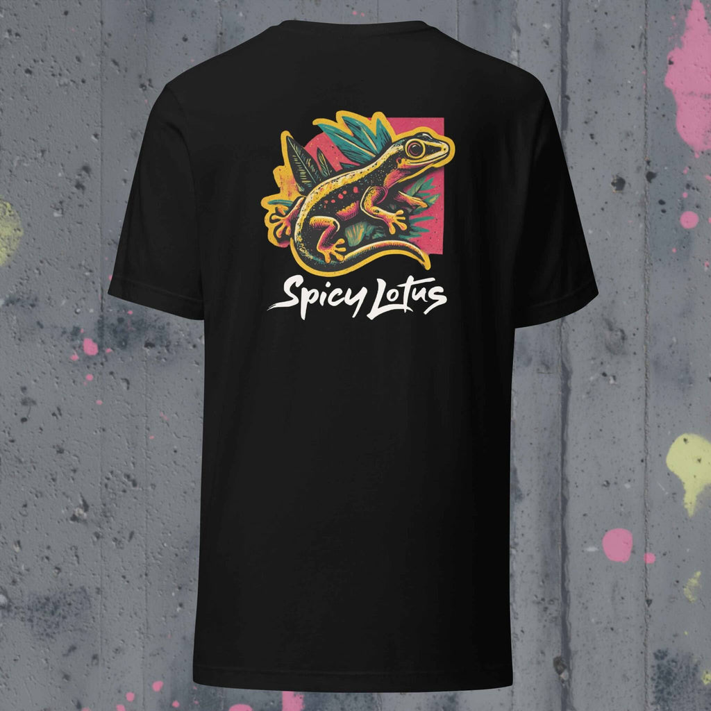 Black t-shirt with colorful gecko graphic and 'Spicy Lotus' text on a textured gray background