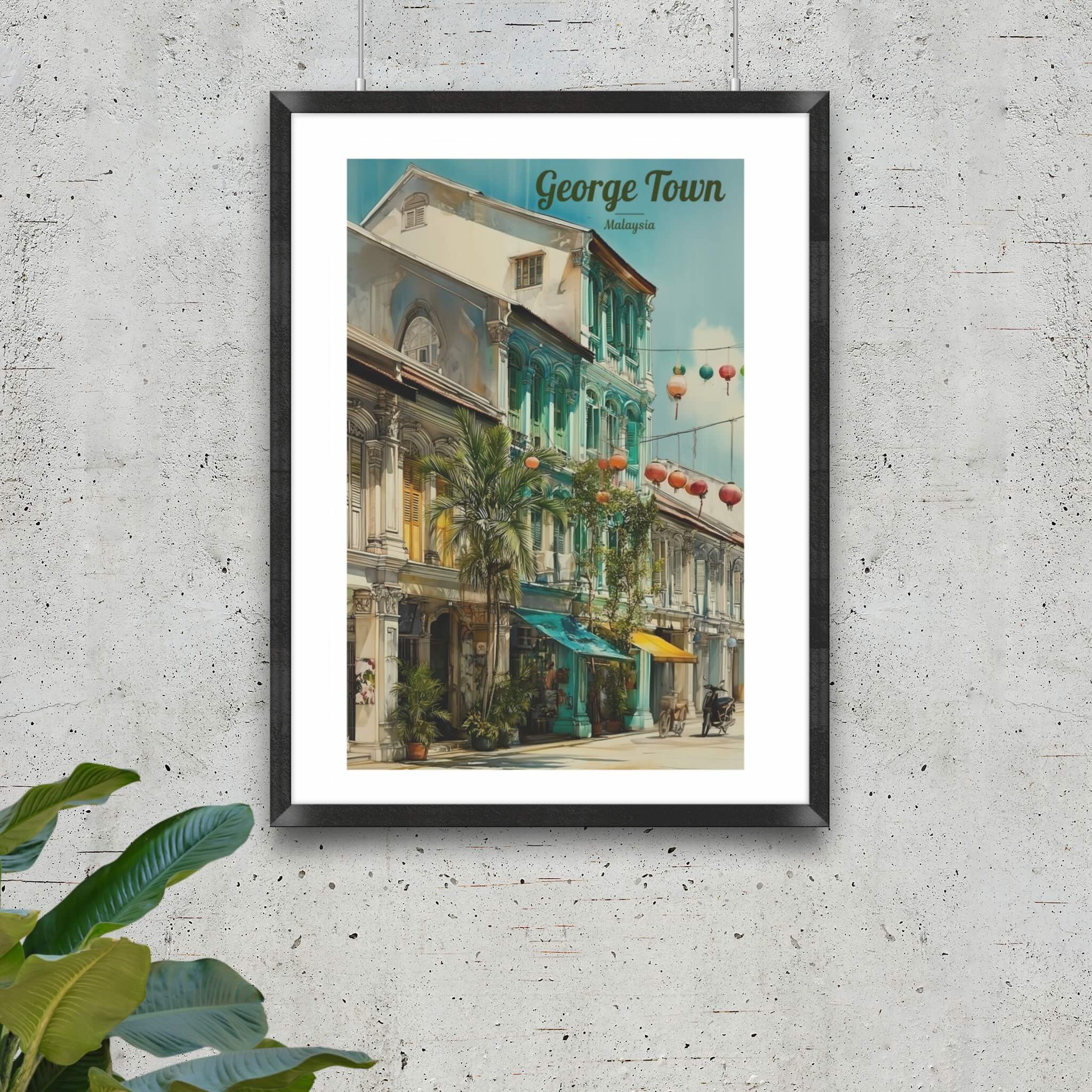 Vibrant tropical urban poster featuring lanterns and greenery of George Town in black frame